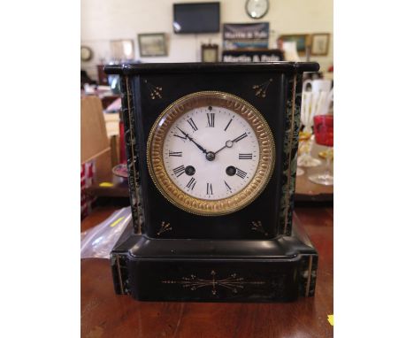 A Victorian slate and green marble mantel clock, with enamel dial, the French twin train movement striking on a bell, 23 cm h