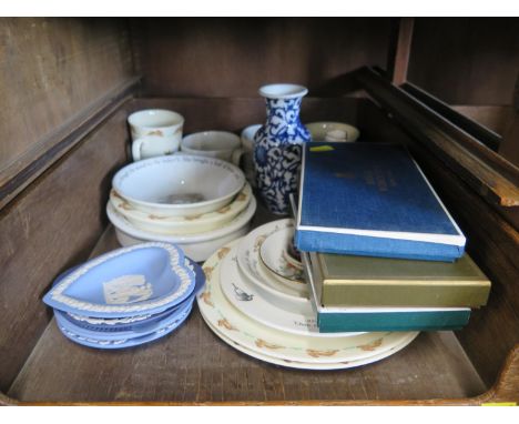 Seven Berlin design Christmas Plates, seven other pictorial plates, a Wedgwood black basalt circular box, other jasperwares, 
