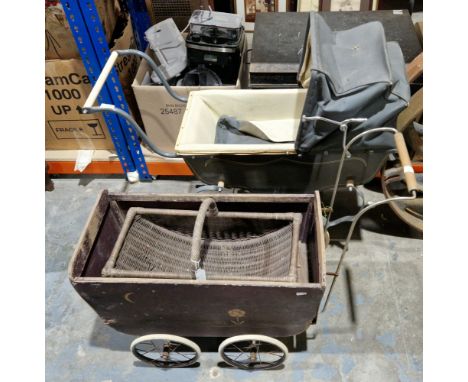 Mid-century doll's pram&nbsp;with grey hood and chassis, a painted wooden doll's pram and a basket trug (3)&nbsp;