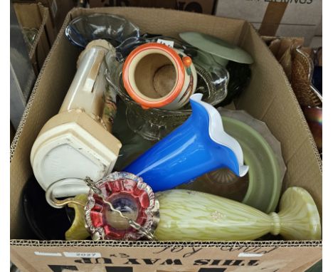 Quantity of glassware including Carnival glass bowls and dishes, spiral green glass spill vase with twin handles and other va