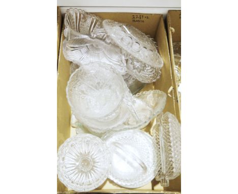 Two boxes of Victorian/early 20th century press moulded glass including Royal Commemoratives baskets, hors d'oeuvres dishes, 