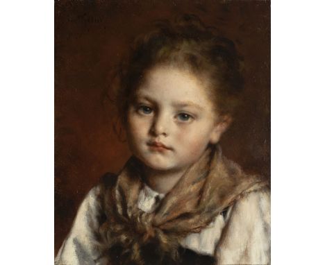 Meyer (Carl Diethelm , 1840-1884). Portrait of a young girl, oil on wood panel, head and shoulders portrait of a small girl w