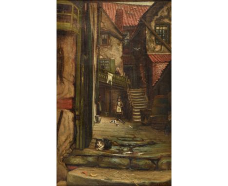 Pratt (John, late 19th century). Argument Alley, Whitby, oil on canvas, depicting a girl feeding pigeons in an alley between 