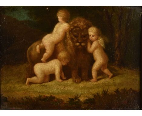 Cerruti (Domenico, 19th century). Amore Vince la Forza, 1870, oil on wood panel, depicting three putti frolicking with a lion