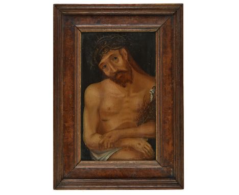 German School. Christ with a crown of thorns, 1522, oil on wood panel, half-length portrait of Christ, with introspective gaz