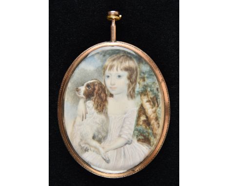 Miniature. Portrait of a young boy or girl and dog seated in a landscape, circa 1760-1770, watercolour and bodycolour on ivor