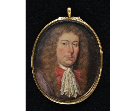 Miniature. Portrait of a gentleman, circa 1660-1670, watercolour and bodycolour on card, backed with card, oval head and shou