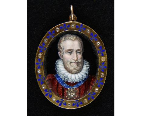 Miniature. Portrait of King Henry IV of France, probably 19th century, oval painted enamel on curved gold support, head and s