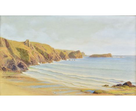 Blunden (Anna, 1829-1915). Polurrian Cove looking towards Mullion Island, Cornwall, 1900, watercolour, showing a summer seasc