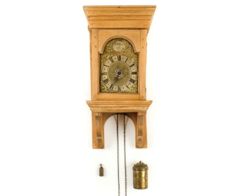 Clock. An 18th century hooded wall clock by William Risbridger of Dorking, the 14cm circular chapter ring with black roman nu