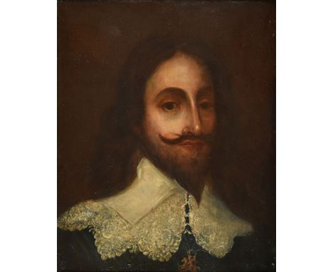 English School. Head-and-shoulders portrait of King Charles I, late 17th century, oil on board, showing the head of the King 