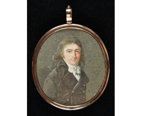 Miniature. Portrait of a gentleman, circa 1800, watercolour, gouache, and bodycolour on ivory, oval half-length portrait of a