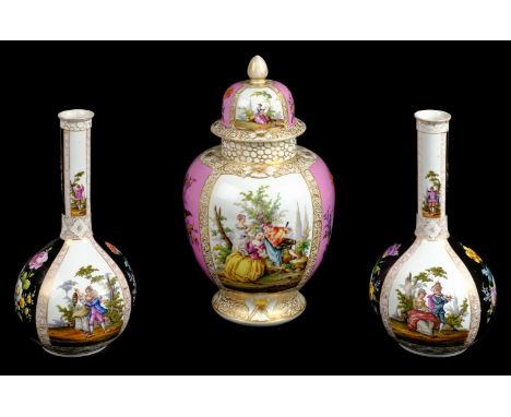 Dresden Porcelain. A late 19th century Dresden porcelain ovoid vase and cover, hand painted with a two panels of figures incl