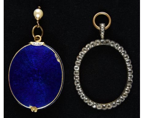 Miniature. A blue enamel and gold double frame, early 19th century, oval blue enamel and gilt metal double locket frame, desi