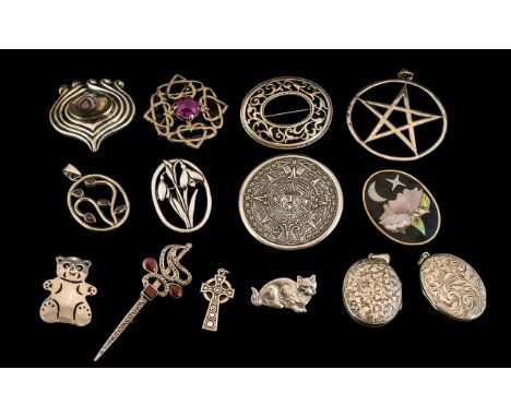 Excellent Collection of Antique and Vintage Sterling Silver Brooches, Lockets etc, With a Scottish Silver Stone Set Kilt Pin,