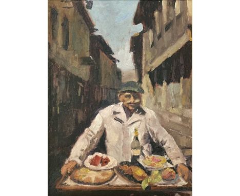 Elaine BLAMEY (Royal Society of Portrait Painters) Food Cometh Oil on board
Exhibition label to the verso with title
41cm x 3