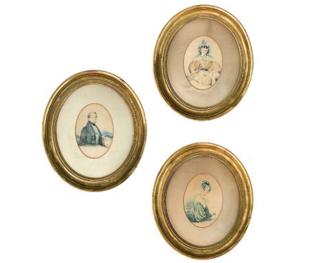 Attributed to R A Pauline. Three oval watercolor portraits of the Duvall family, including the artist John C A Duval, his wif