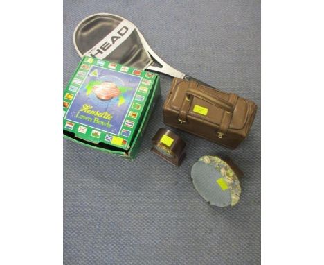 A small Barbola mirror together with a mantle clock, a racquet and bowls 