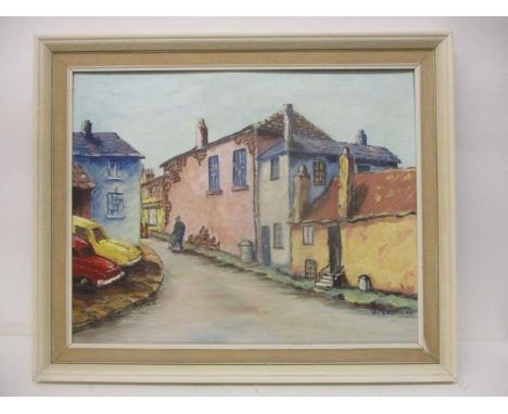 Val Doonican - a street scene a man with a walking stick, houses and cars, oil on board, signed lower right corner, 16" x 20"