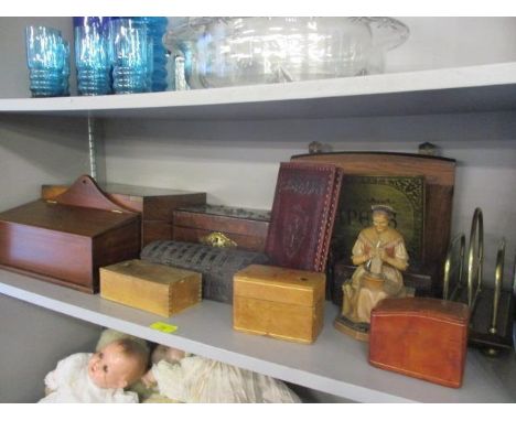 A mixed lot to include a 19th Century burr walnut tea caddy, leather cased playing cards, a candle box and other items 