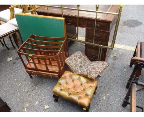 Mixed furniture to include a Canterbury, a card table, a brass bed head and two stools 