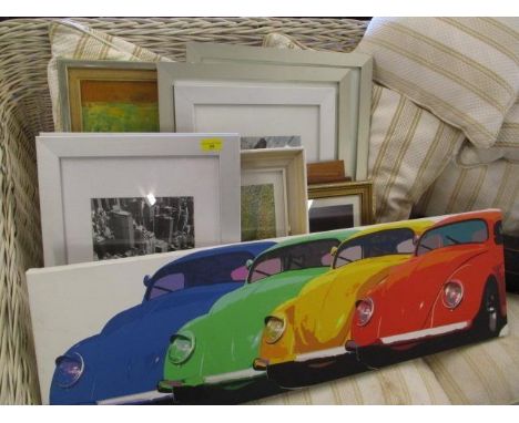 Pictures to include roof top scenes, a print of a lady reading a book, wooden pictures and others 