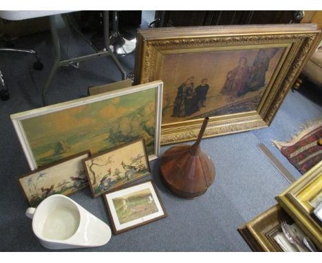 A large framed transfer print together with other pictures including scenes of birds along with a cooper funnel and bed pan 