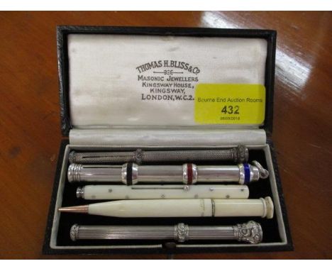 A selection of five propelling pencils to include two white metal Samuel Mordan pencils, two ivory pencils and a pencil with 