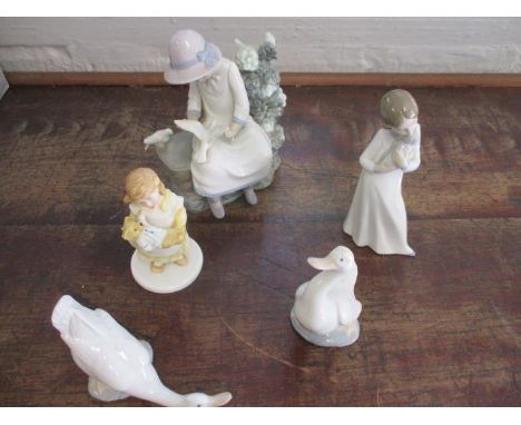 A Royal Doulton figure entitled Whats the Matter HN3684, two Nao models of geese and two Nao figures 