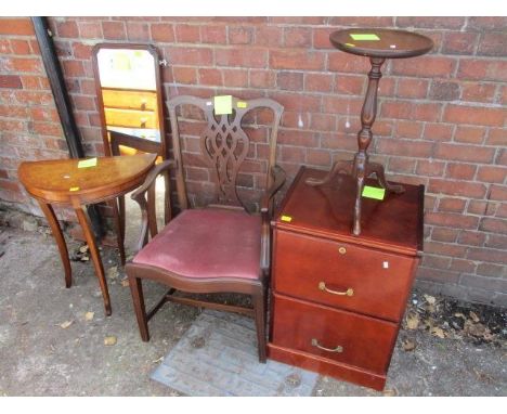 Mixed furniture to include a Chippendale style chair, demi lune table, mirror, occasional table and a filing cabinet 