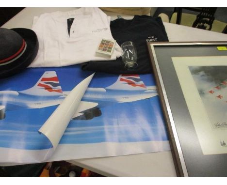 British Airways items to include a 1990's Paul Castelloe cabin crew hat, two first class sleeper tops, two 1990's Concorde pr