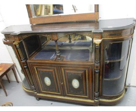 A late Victorian burr walnut, cross banded and string inlaid credenza, with gilt metal mounts, the back  having a shelf over 