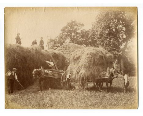 PHOTOGRAPHS. An albumen-print photograph of a harvesting scene, 20cm x 15.5cm, another photograph of a harbour scene, approxi