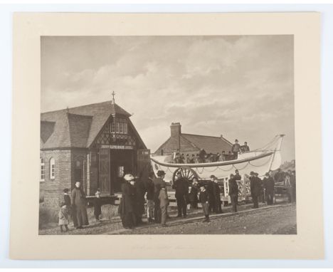 PHOTOGRAPH. A mounted carbon print photograph titled 'St Annes Lifeboat, Laura Janet, and Crew' by W. Kershaw of St Annes-on-