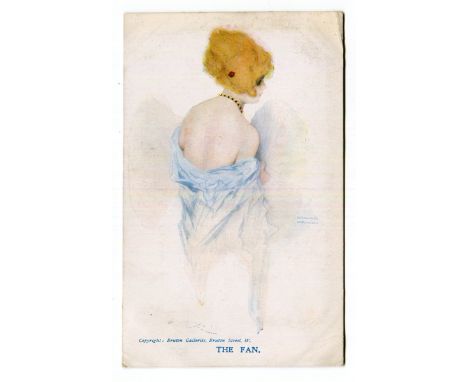 A group of 4 colour postcards by Raphael Kirchner titled 'The Fan', 'Ma Marraine', 'Singed Wings' and 'The Glad Eye'.Buyer’s 