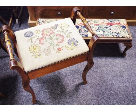 A late 19th century oak long foot stool; mahogany piano stool, hinged wool work seat, turned side rails