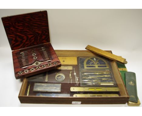 Engineers and Draughtsman's tools including parallel rule, tap and die set, dividers, spirit level,etc