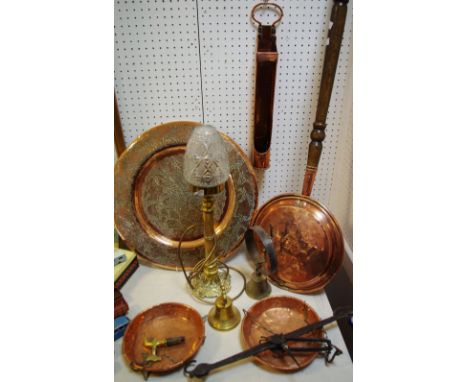 Metal Ware - a 19th century copper warming pan;  a brass and cut glass side light;  a set of balance scales;  servant bells, 