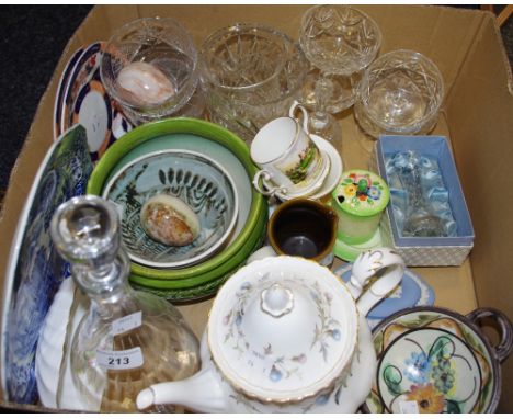 A Royal Crown Albert Brigadoon tea pot; a Bretby bowl; a decanter; Denby; Copeland; Spode; Wedgwood; etc 