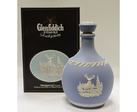 A Wedgewood Blue Jasperware Glenfiddich Whisky decanter designed for William Grant &amp; Sons Ltd. in box, empty
