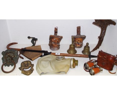 An MF1 chemical prevention gas mask; a lion door knocker; pair of binoculars; a walking stick combination seat; etc