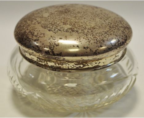 A Chinese silver topped cut glass powder jar, marked Nanking 2