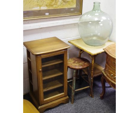 A glass carboy; a bamboo occasional table; an oak stool (3)