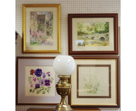An oil lamp, twin burner, converted for electricity; prints and pictures, Romey Brough watercolour; Eric Phillips, watercolou