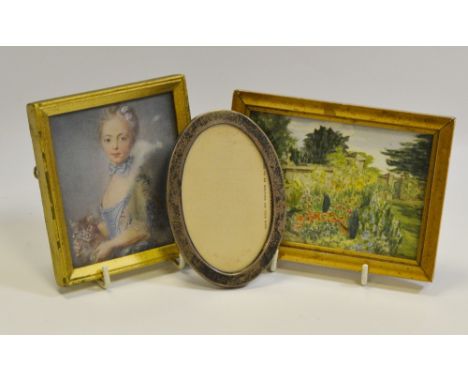 English School, a portrait miniature, lady with a cat, coloured print, 10cm x 8cm;  English School, Country Cottage Garden, w