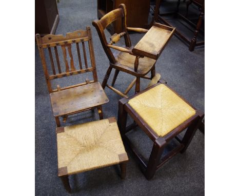 A late Victorian beech child's chair; a child's oak folding chair; a raffia seated oak stool, bobbin turned legs and H-stretc