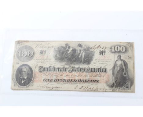 Confederate States America - banknote 100 Dollars Sept. 27 1862 no. 15919 - portrait - Calhoun at lower left, Blacks Hoeing C