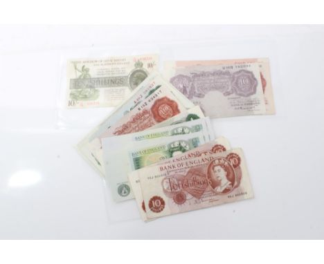 G.B. mixed banknotes - to include Fisher Ten Shillings.  Prefix U76.  F - GF, Peppiatt blue Pound Mar. 1940.  Prefix C22D.  G