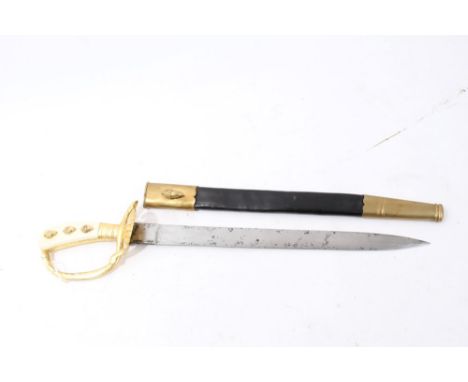 Nazi National Hunting Association sidearm with gilt hilt and ivorine grips, etched blade in brass mounted leather scabbard