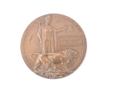 First World War memorial (death) plaque, named to Cecil Frederick Thompson